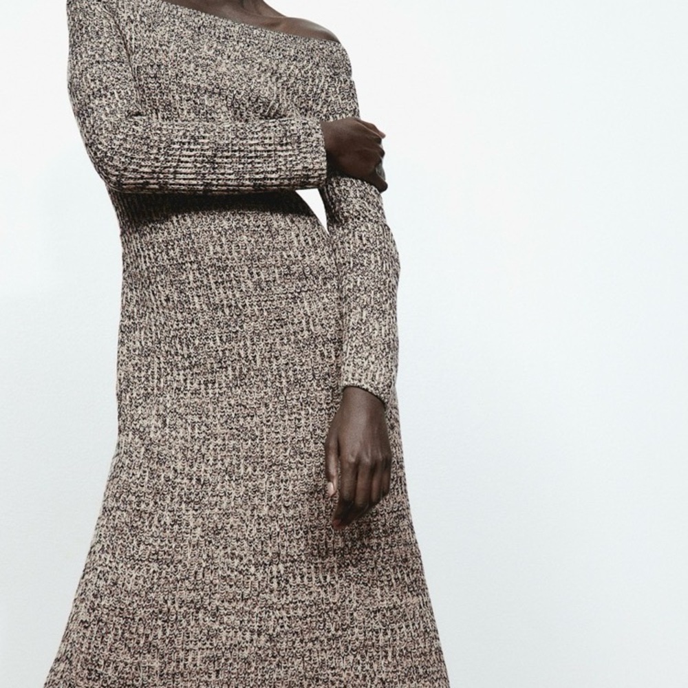 H&M Off the Shoulder Rib-Knit Dress - Beige Melange Size Large